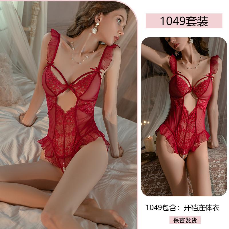 Original Erotic Underwear, Sexy Pure Desire, Lace Seductive one-piece dress, Women's open-crotch uniform, See-through pajamas 1049