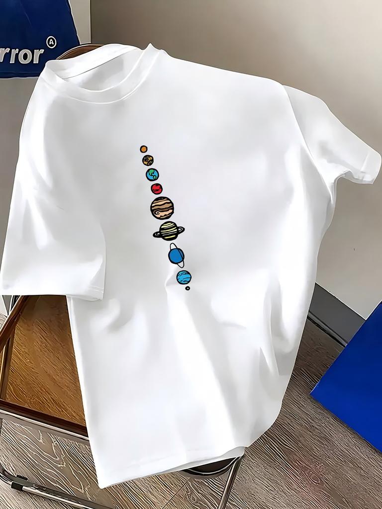 Men's T-Shirt - Vibrant Green Geometric Planet Print, Regular Fit Round Neck Casual & Sporty Summer Tee for Outdoor Activities