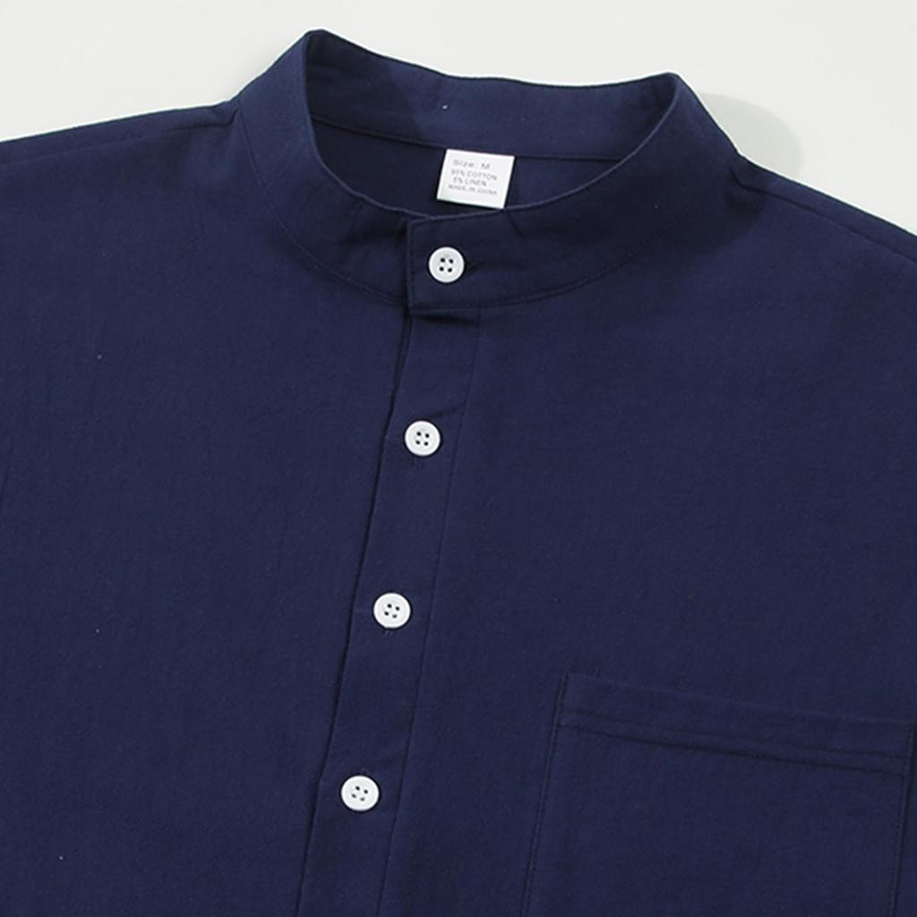 Men's New Solid Color Casual Cotton And Linen Standing Collar Long Sleeved Shirt
