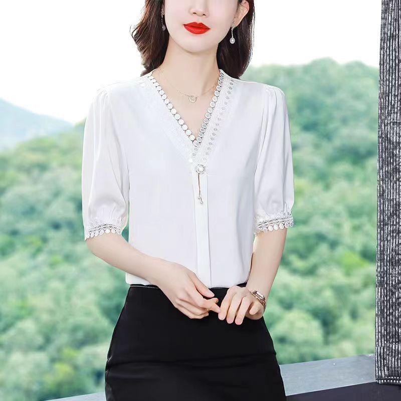 Модный топ с короткими рукавами, летняя новая кружевная нижняя рубашка, однотонные пуловеры с v-образным вырезом, блузка M-4XL