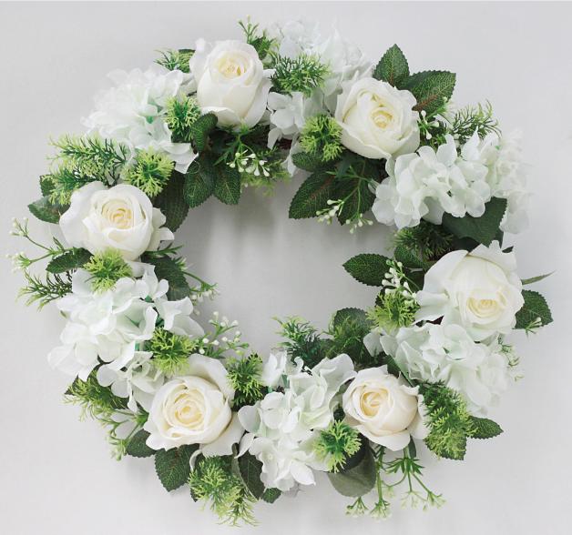 Artificial White Rose Wreath Faux Flower Wreath for Outdoor Front Door Wedding Wall Window Decor