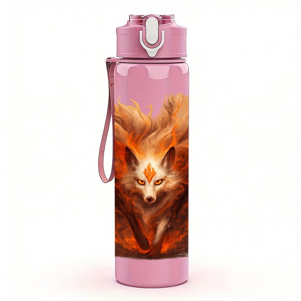 1PC Furry Orange Fox Head Portrait Print 750ml Color Plastic Sports Water Bottle Leakproof Flip Straw Lid Suitable for Sports Office Home Use