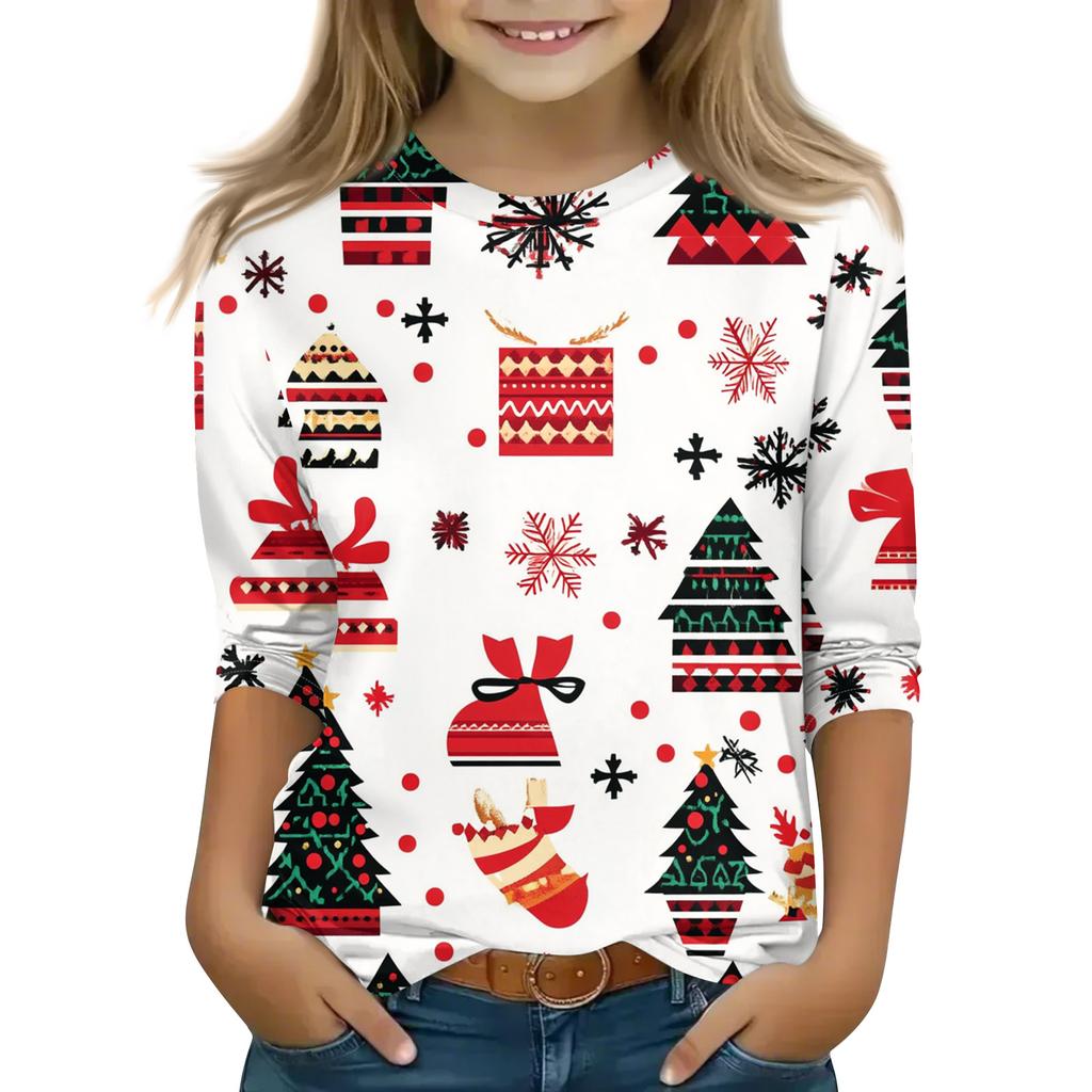 Рождественские топы с принтом для девочек-подростков 5-16 лет, футболки с круглым вырезом и рукавами 3/4, модные топы, нарядные футболки