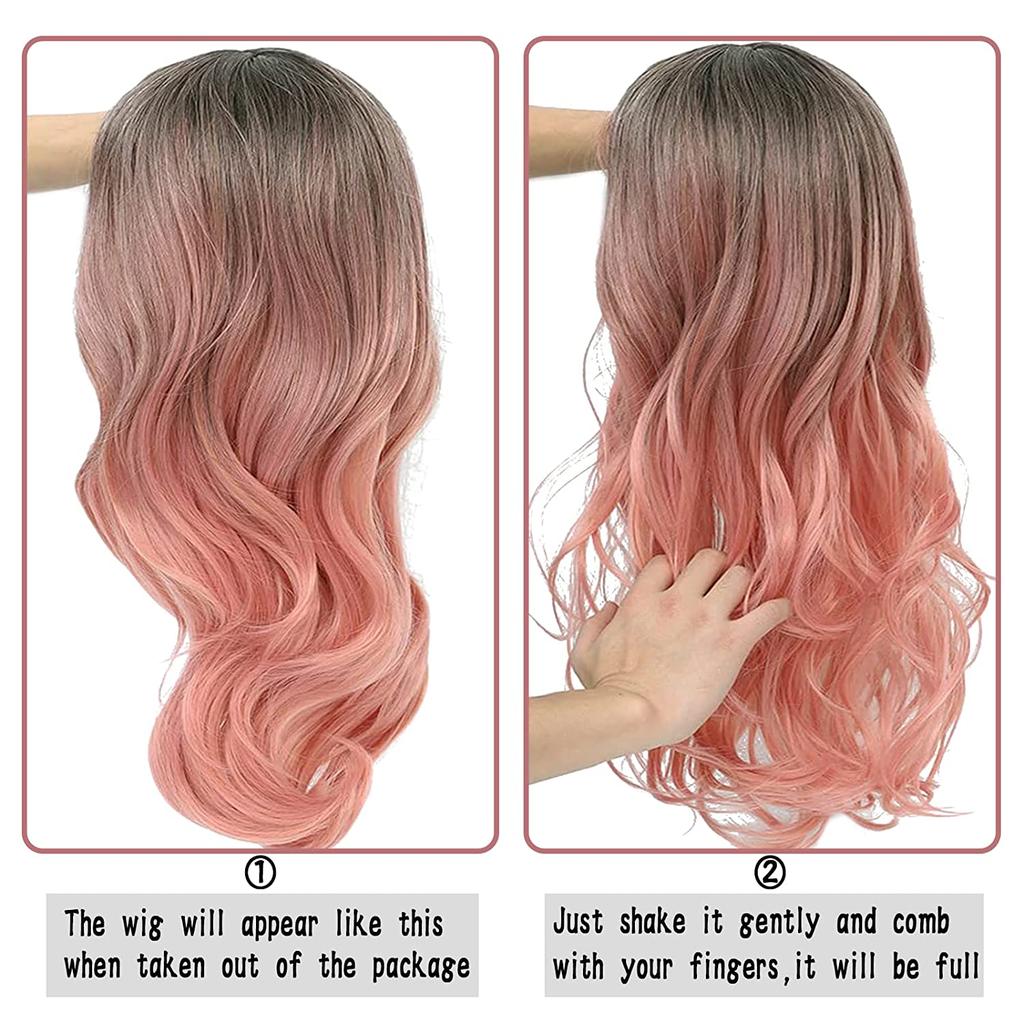 MISSQUEEN Длинный розовый парик с челкой, длинный волнистый парик, розовые парики с эффектом омбре для женщин, термостойкие синтетические женские парики для косплея для повседневного использования (Омбре Розовый)
