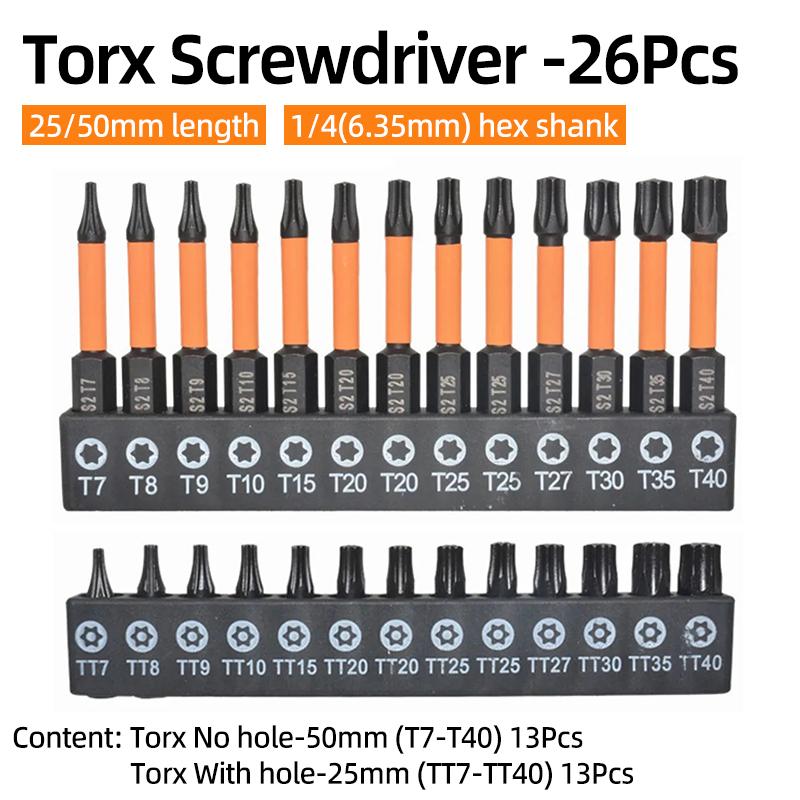 26 шт. бит Torx для отвертки, защищенные от несанкционированного доступа, магнитные биты для отверток, сверло Star Plum Solid Hollow, отвертка 1/4 Hex S2