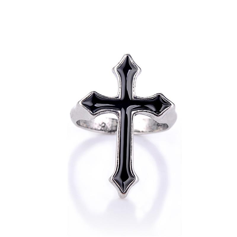 Retro Black Cross Ring for Men Women Oil Drip Metal Punk Gothic Adjustable Ring Hip Hop Handmade Unisex Jewelry Accessories Gift