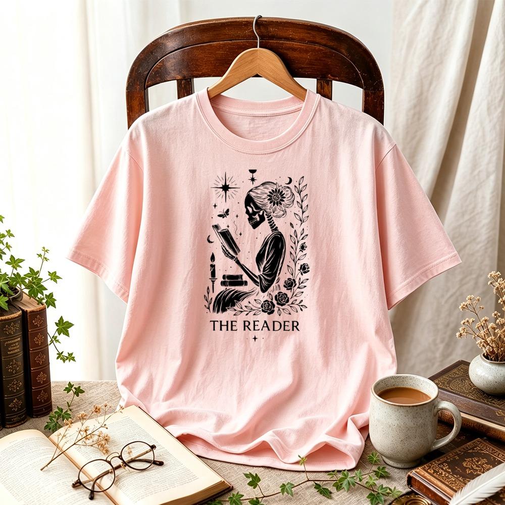 Women The Reader Skeleton Reading Book Floral Moon Star Graphic TShirt Book Lover Tee Vintage Witchy Academia Gothic Casual Top