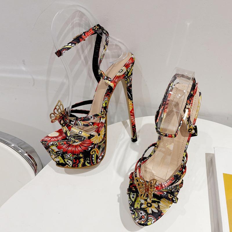 Новый модный дизайн, сандалии на платформе с цветочным принтом, женские туфли на очень высоком каблуке с открытым носком и бантом, обувь для танцев на пилоне