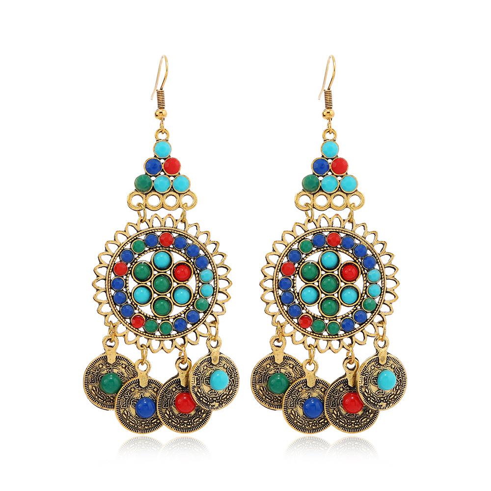 Винтажный афганский цыганский набор из повязки на голову с монетами, браслета и серег, бохо, красочный, со стразами, с круглыми полыми цветами, турецкий, женский, с цирконом