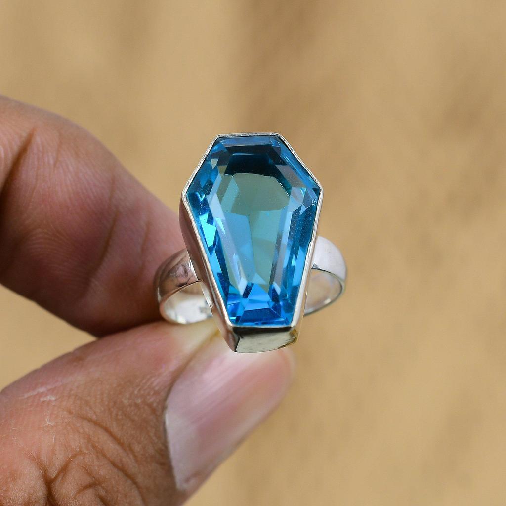 Серебро 925 пробы Камень Швейцарский голубой топаз Кольцо-заявление Обещание дочери Гроб США 7,75