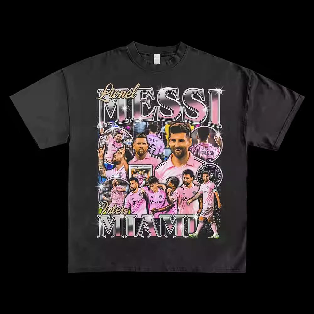 Tribute To Messi Football American Retro Heavy Figure Print High Street Round Neck Short Sleeve Men and Women of The Same Style