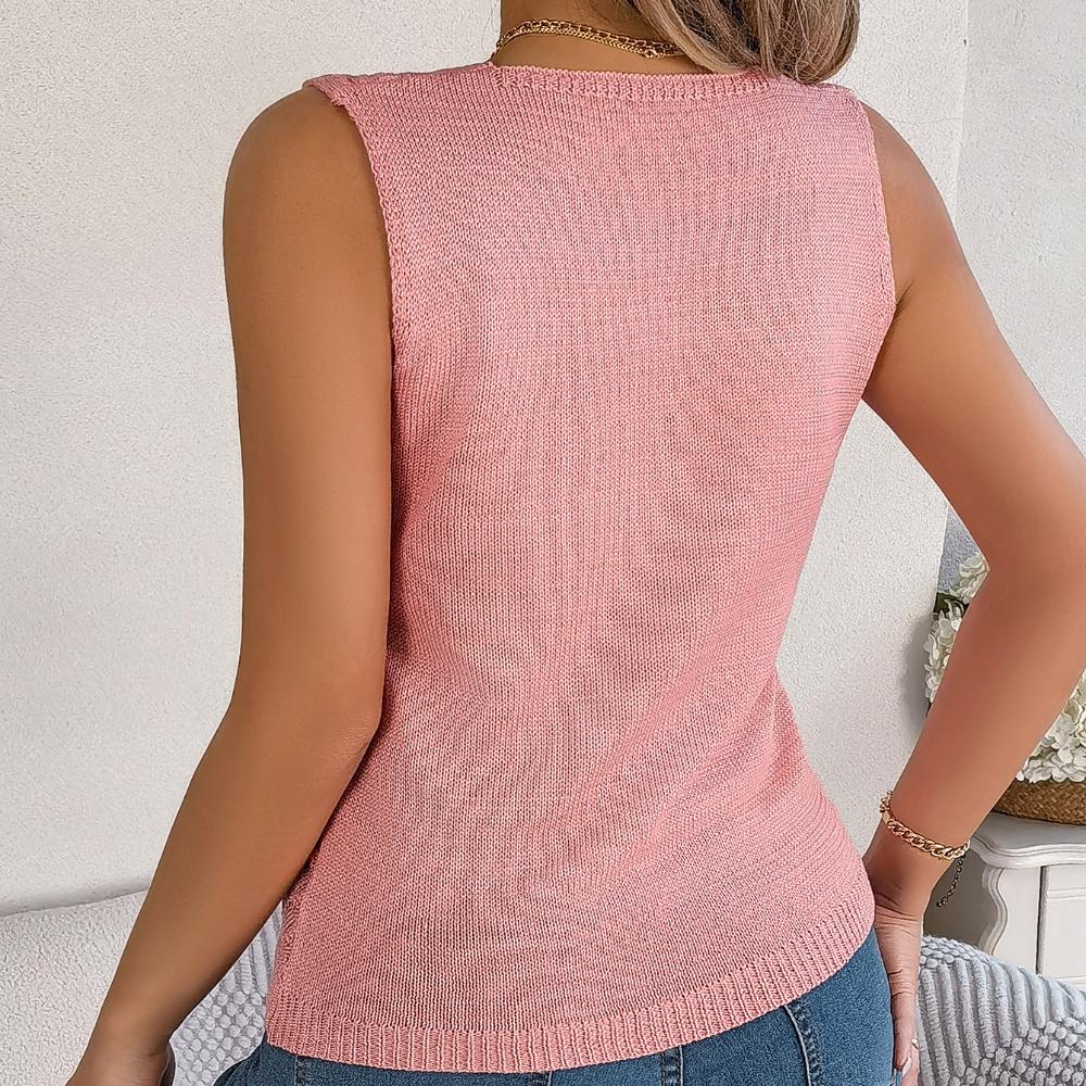 Spring Summer Solid Color Elegant Hollow Button Tank Top Knitted Tops for Women