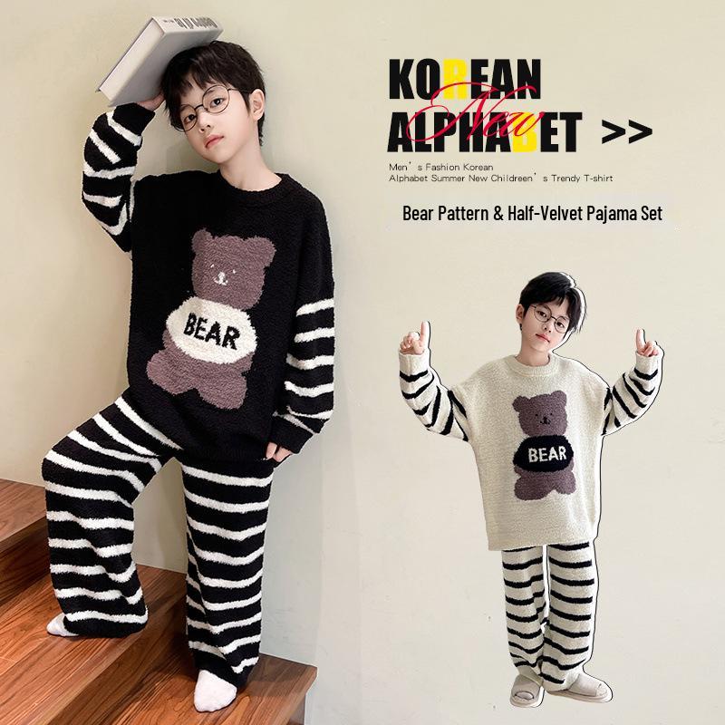 Полосатый мультяшный пижамный комплект для мальчиков на осень/зиму: Мягкий, Плотный и Пушистый Двухпредметный