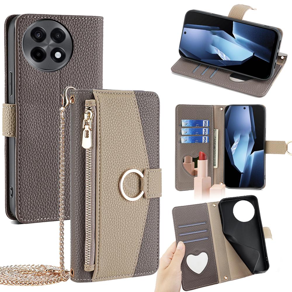 For OnePlus Ace 5 5G/5 Pro 5G Case Mirror Wallet Leather Phone Cover with Chain Shoulder Strap