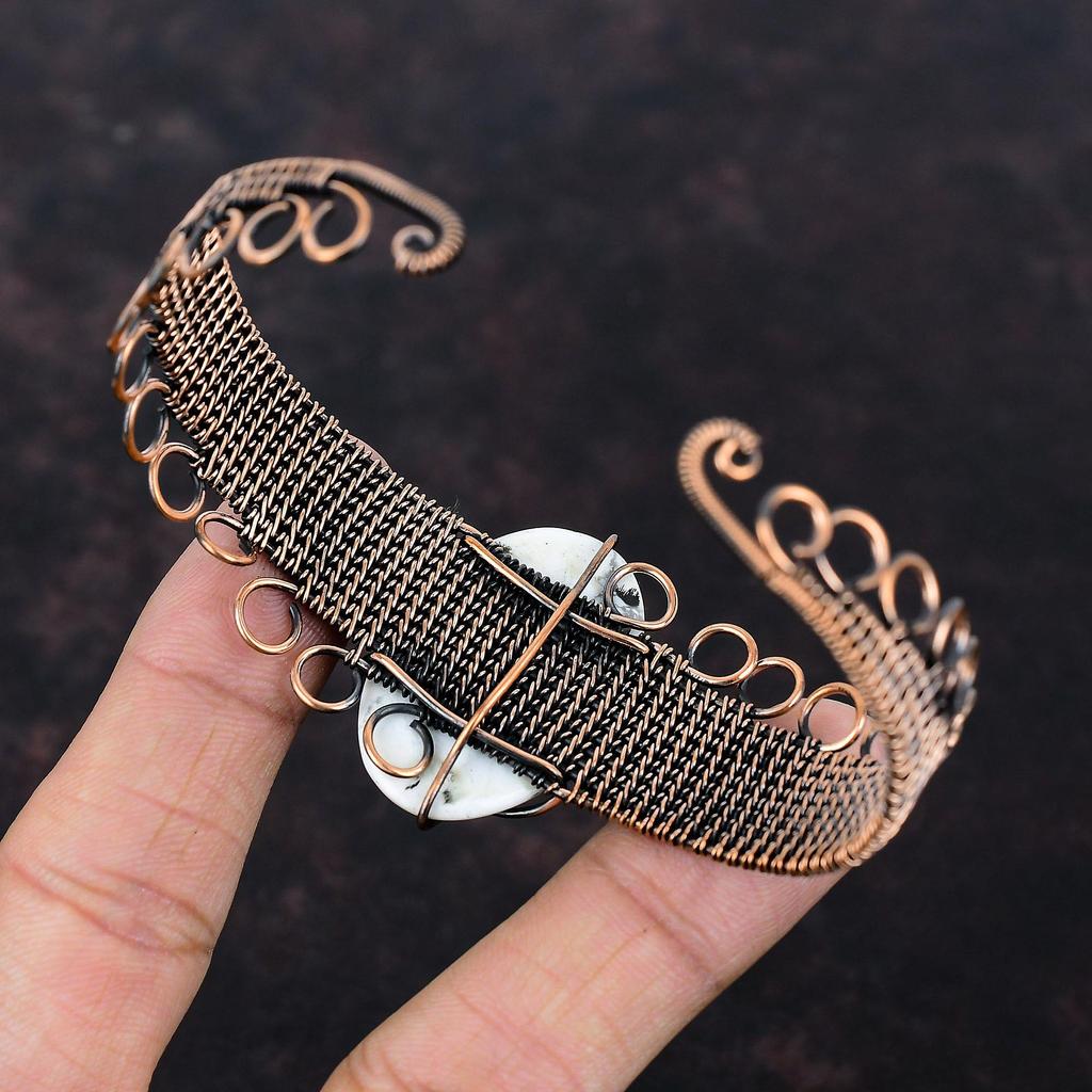 Howlite Cuff Bracelet Copper Wire Wrapped Bangle Gemstone Jewelry Adjustable Cuff Bracelet Copper Wire Jewelry Handmade Bangle Gift For Wife