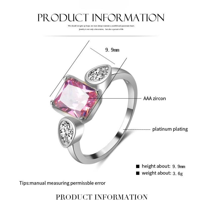 925 sterling silver fashionable and versatile square pink diamond women's ring, niche jewelry, European and American accessories