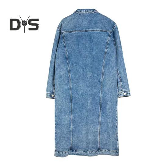 Женская куртка в стиле ретро, облегающий крой, стираный деним, средней длины, отложной воротник, застежка на пуговицы, длинный рукав, пальто, однотонное, с нагрудными карманами, верхняя одежда