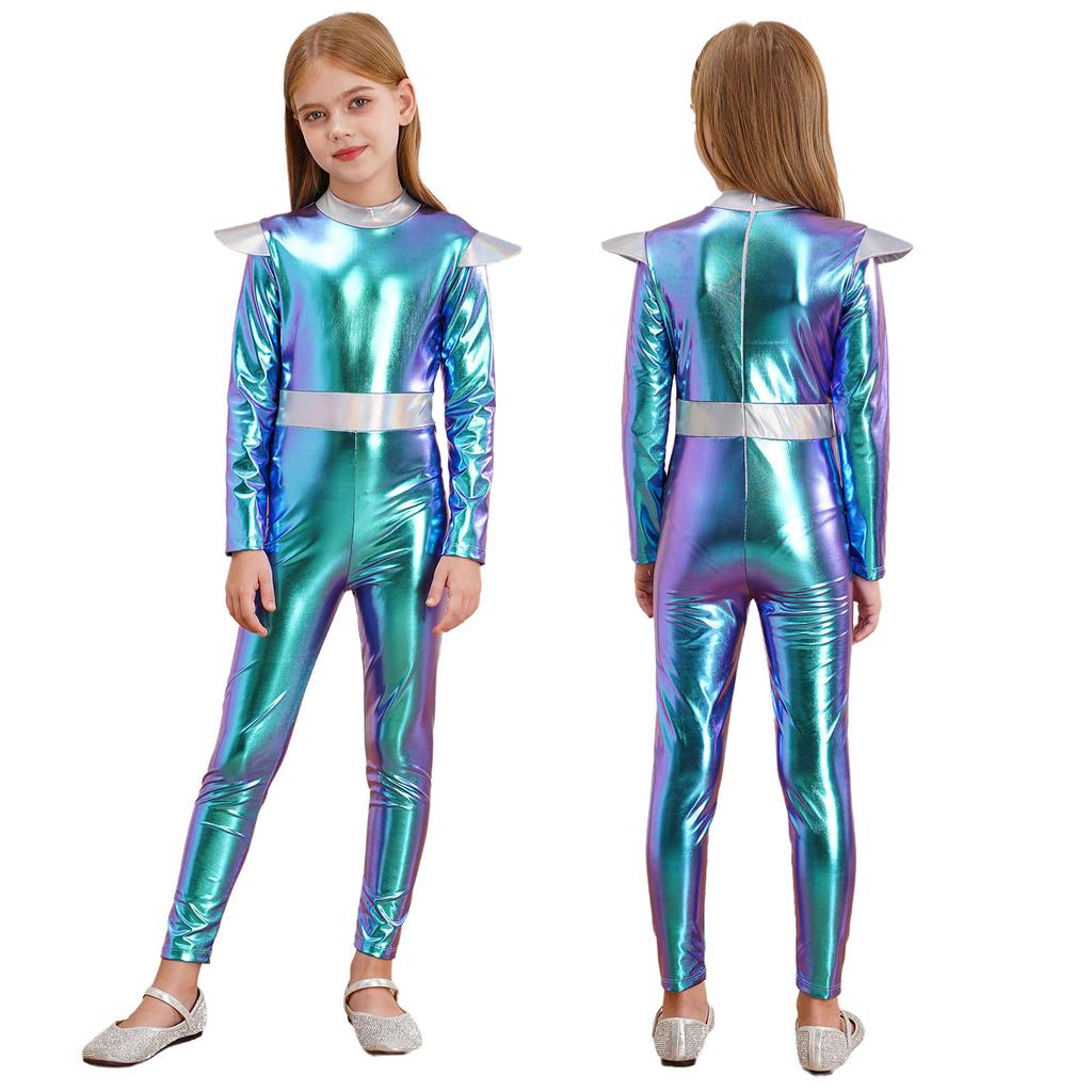 Girls Alien Cosplay Costume Space Astronaut Robot Jumpsuit Long Sleeve Shiny Metallic Bodysuit For Halloween Christmas Dress Up