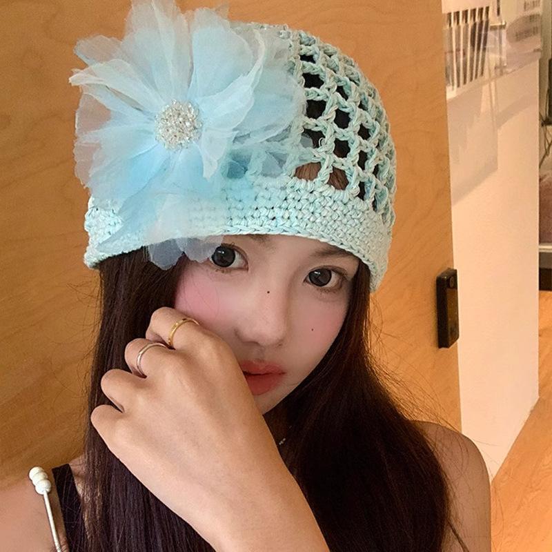 Women's Spring and Summer Korean Style Thin Hollow Breathable Sunshade Handmade Knitted Hat Sweet Wool Linen Fishnet Hat