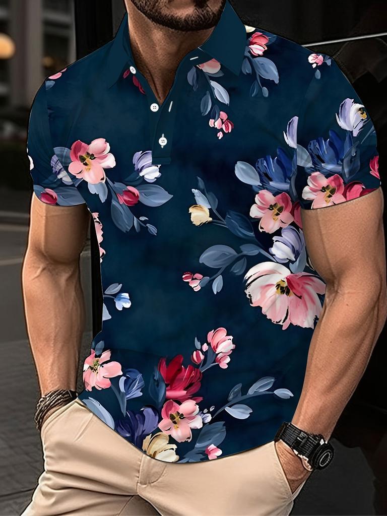 Men's Fashion Polo Shirt with Printed Design, Short Sleeve, Stylish Printed Short Sleeve Men's Polo Shirt, Summer Breathable Lapel Collar, Trendy