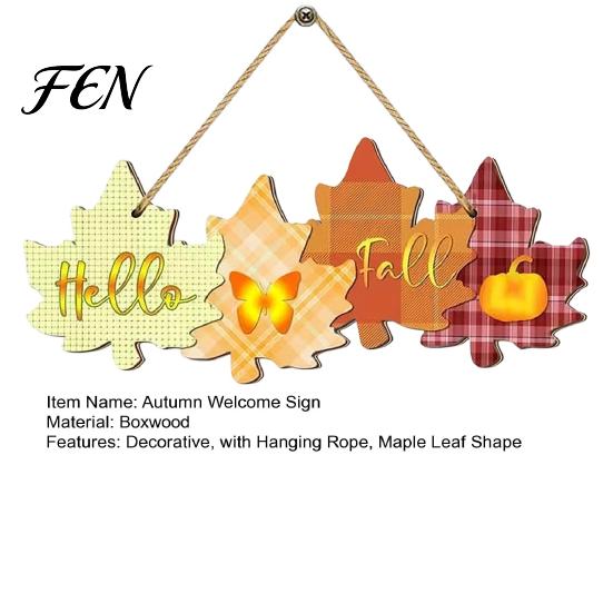 Autumn Theme Porch Sign Welcome with Hanging Rope for Front Door, Rustic Maple Leaf Shape Wood Decor Pumpkin And Butterfly Elements Fall Harvest Wall