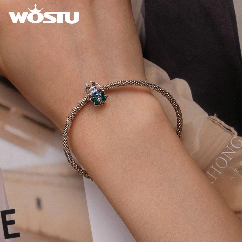 WOSTU 925 Sterling Silver Green Enamel Wings Blue Zircon Beetle Bead Charms for Women Bangle and Bracelet DIY Jewelry