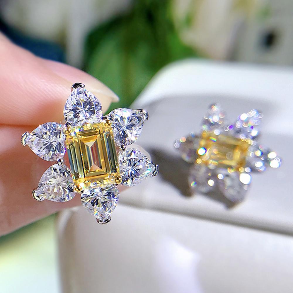 Yellow Cubic Zirconia Stud Earrings Aesthetic Flower Shaped Heart CZ Earrings Luxury Fashion Wedding Jewelry for Women