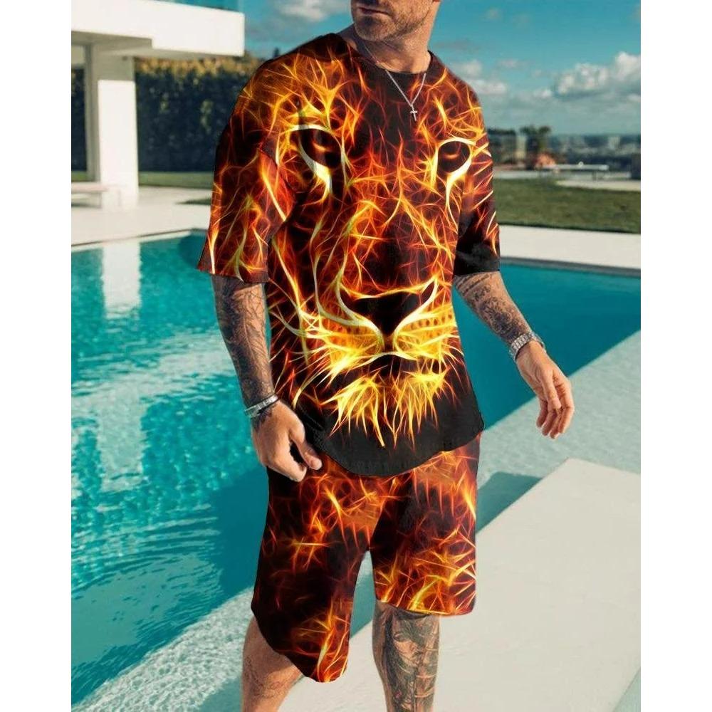 Летний комплект из 2 предметов с шортами с рисунком льва и свирепого зверя, повседневные уличные футболки и шорты, спортивный костюм с круглым вырезом и 3D-принтом