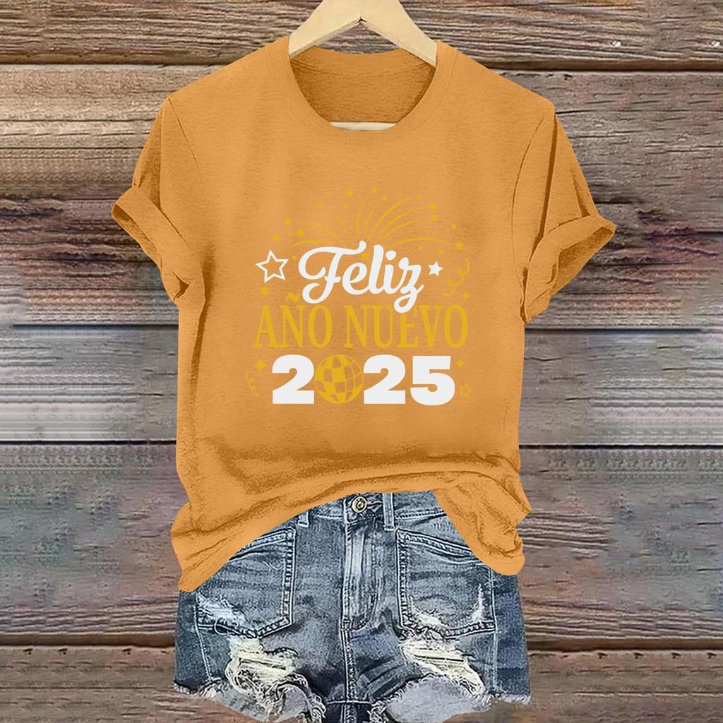 Women's Long Sleeve Round Neck T-Shirts 2025 New Year Print Puff Sleeve Shirts Button Blouses Tops