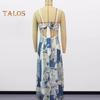 Women Vacation Dress Printed Patchwork Low-cut Square Neck Backless Sleeveless A-line Full Length Beach Maxi Dress Summer Strappy Dress