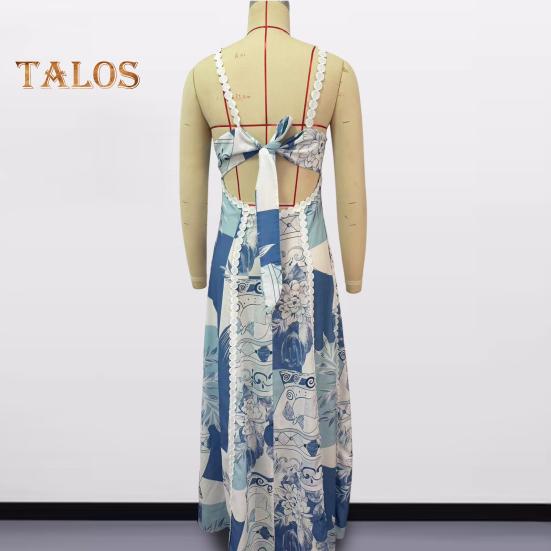 Women Vacation Dress Printed Patchwork Low-cut Square Neck Backless Sleeveless A-line Full Length Beach Maxi Dress Summer Strappy Dress