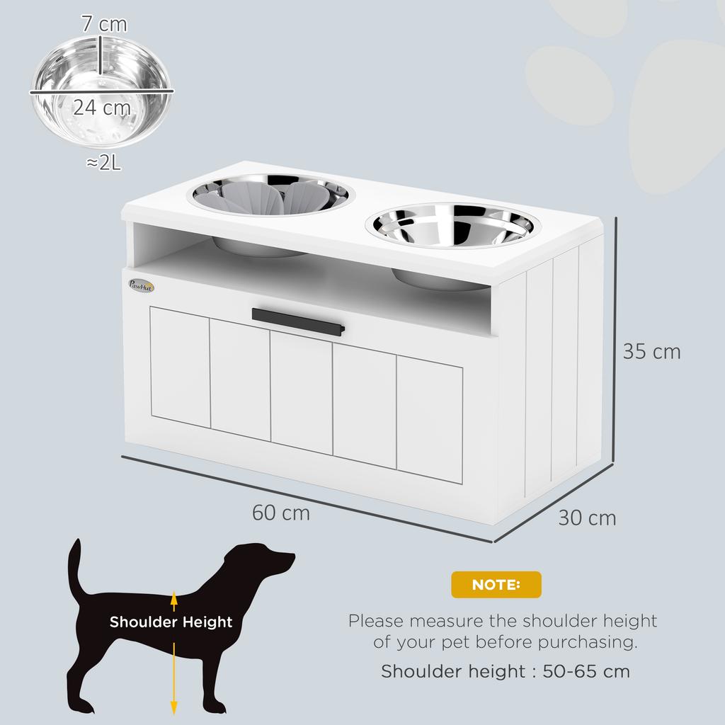 Raised Dog Bowl with Slow Feeder, Two Stainless Steel Dog Bowls, Drawer, for Large and Extra Large Dogs, White
