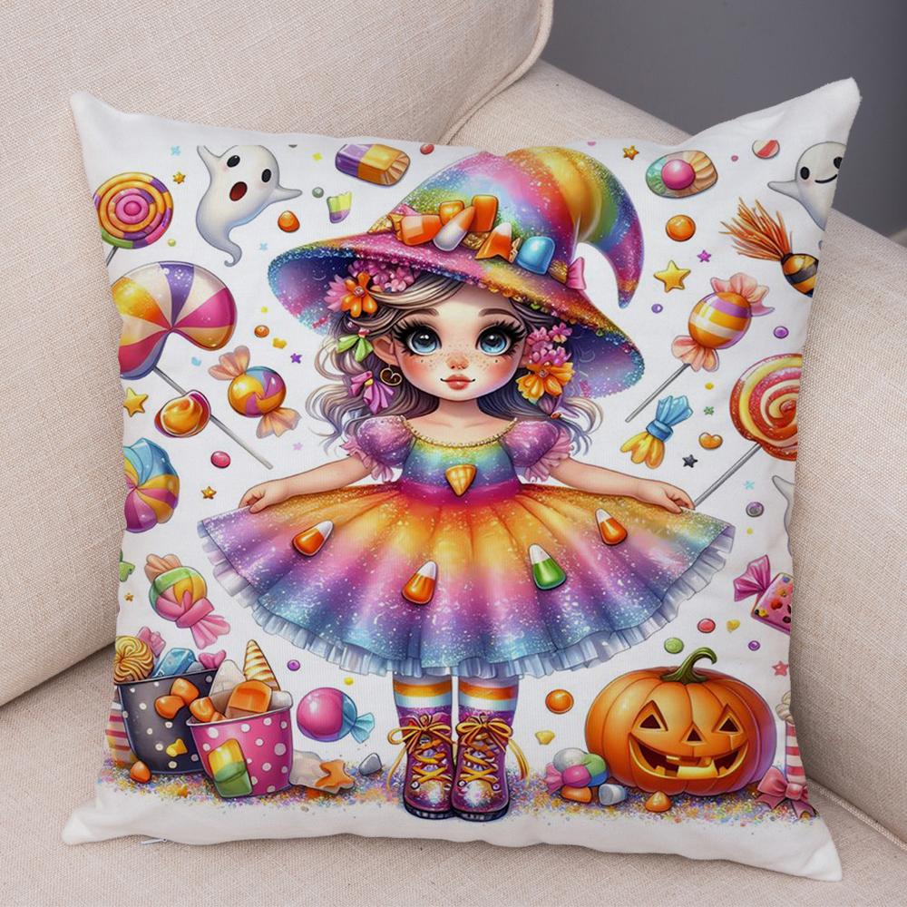 Halloween Candy Girl Cushion Cover Decor Cute Cartoon Child Pillowcase for Children Room Home Sofa Soft Plush Pillow Case