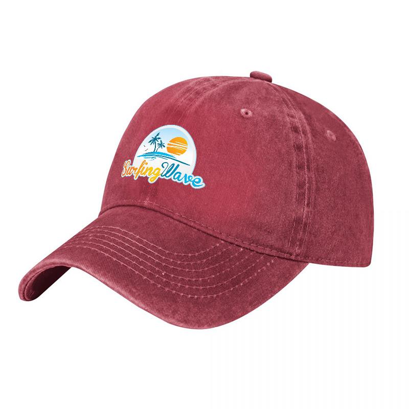 Surfing Wave Logo Washed Canvas Baseball Cap with Tropical Sunset Design for Casual Outdoor Wear and Beach Style Fashion
