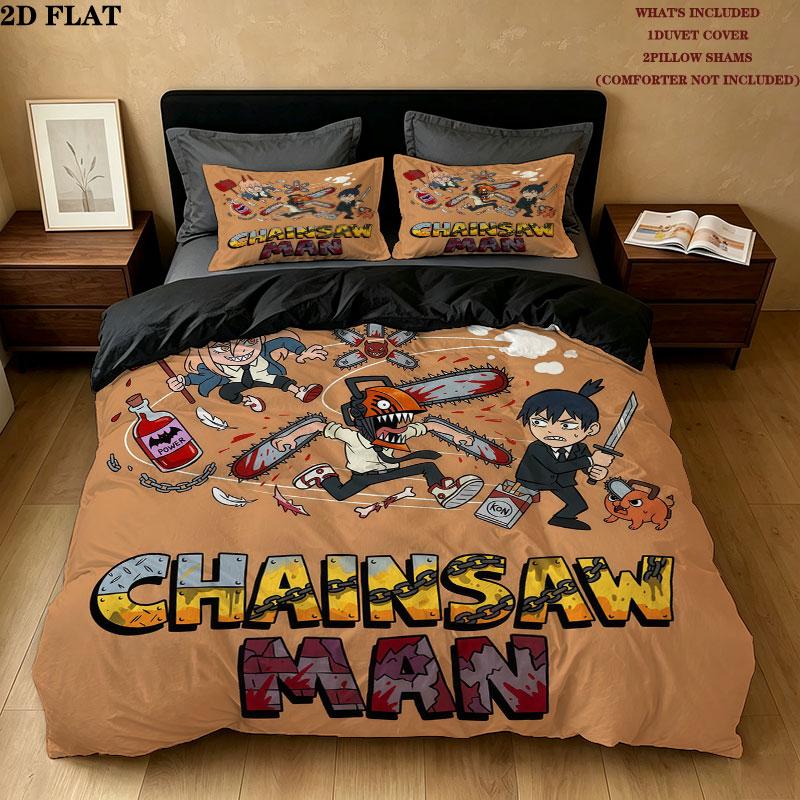 Chainsaw Man Pattern Bedding Quilt Set Quilt Cover Pillowcase Home Birthday Gift(1 * duvet cover + 2 * pillowcase, without core)