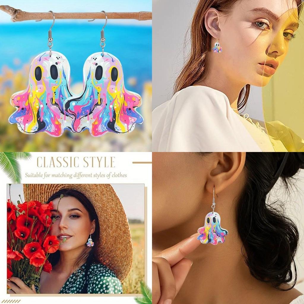 Adorable Colorful Ghost Earrings Made Of Acrylic Fun Cartoon Style Halloween Accessories