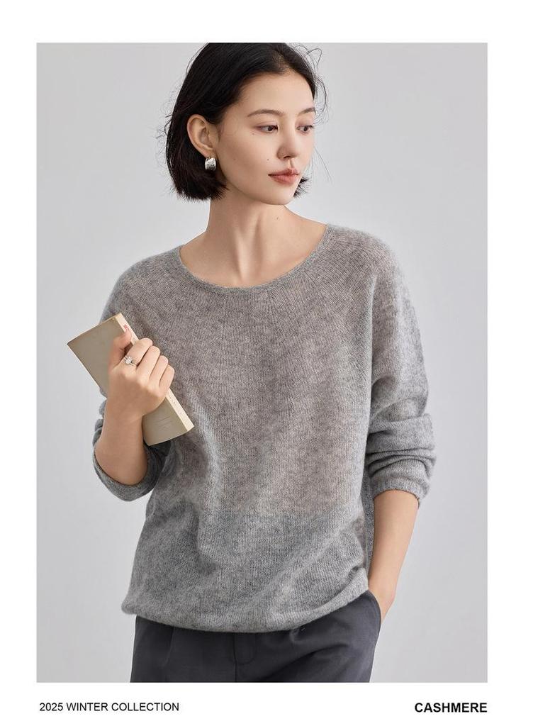 Silk Cashmere Women's Loose Fit Round Neck Sweater - Soft & Fluffy Touch