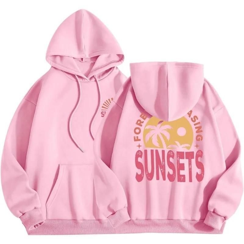 Women's Warm Casual Top Sunset Style Fashionable Printed Hoodie Back Letter Slogan Drawstring Hoodie