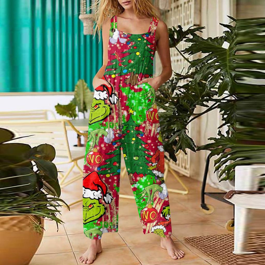 Women's Fashion Christmas Print Casual Retro Sleeveless Button Jumpsuit