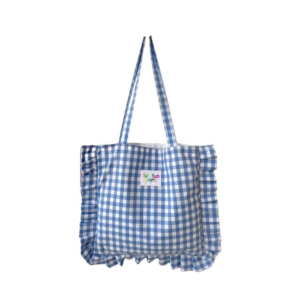 Large Capacity Plaid Cotton Handbag Sweet Tote Bag Ins Lace Pillow Bag Outdoor