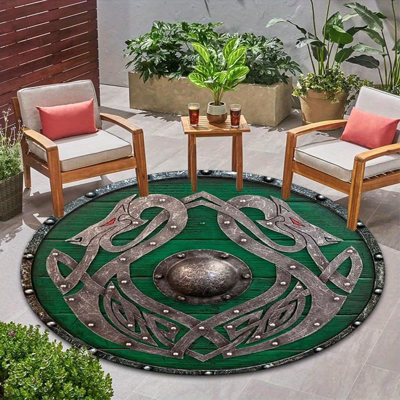 Viking Shield Sea Dragon Rug,  Non Skid Mat, Battleworn Green Valhalla Decor for Living Room, Bedroom, Yoga Space