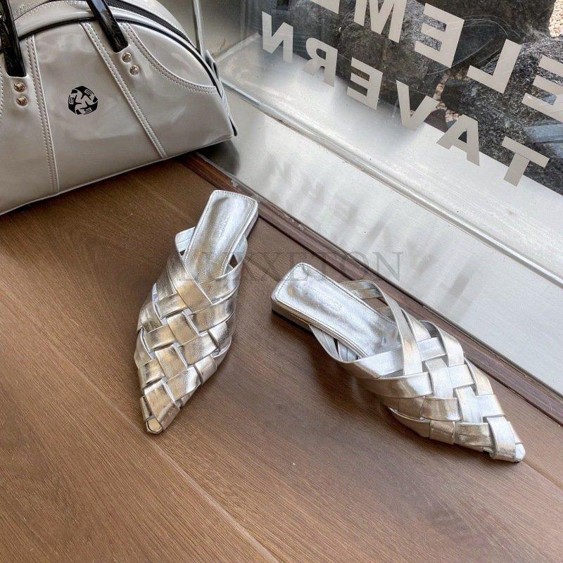 Модные женские тапочки-мюли, летние роскошные плетеные туфли с острым носком, женские туфли на плоской подошве, шлепанцы, женские тапочки, сандалии