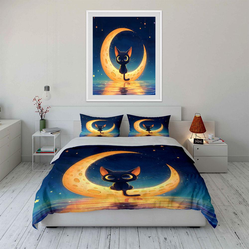 Cute Cat Moonlight Decor Multiple Sizes Kid'S And Adults' Bedroom Exquisite 3Pc Bedding Set, Gift