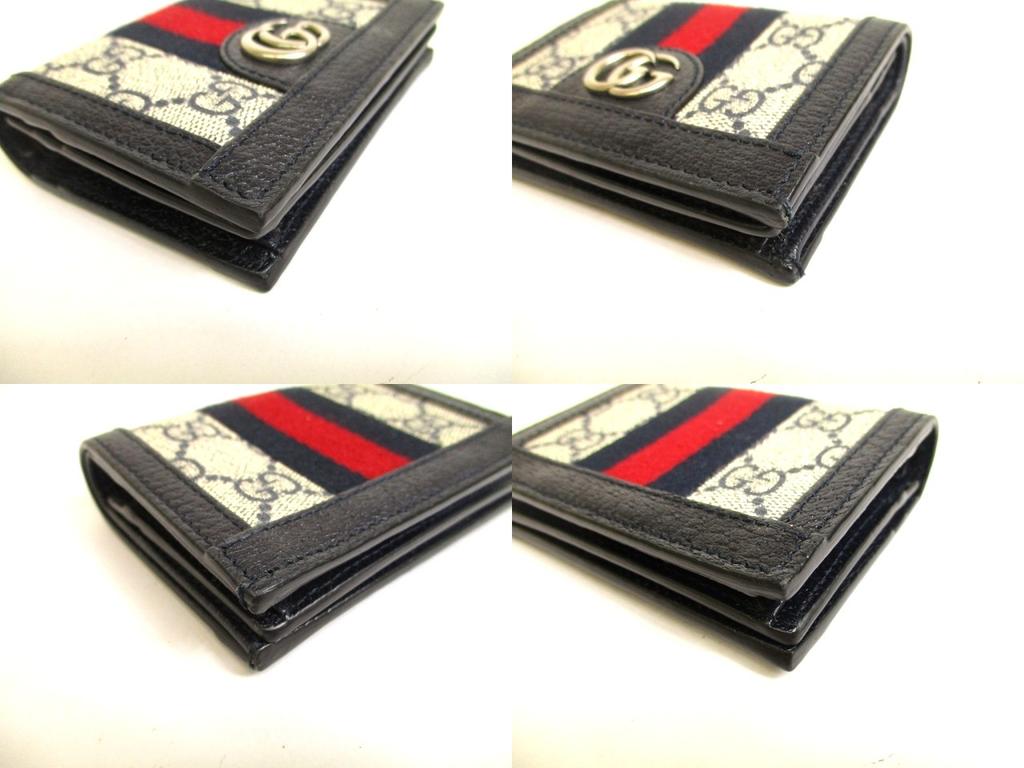 Authentic GUCCI GG Navy Blue Leather Beige Ophidia GG Canvas Bifold Wallet #a933  Refurbished