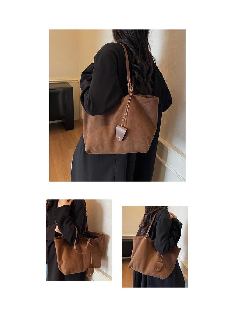 Large Capacity Casual Dark Suede Tote - Versatile Autumn/Winter Commute Shoulder Bag