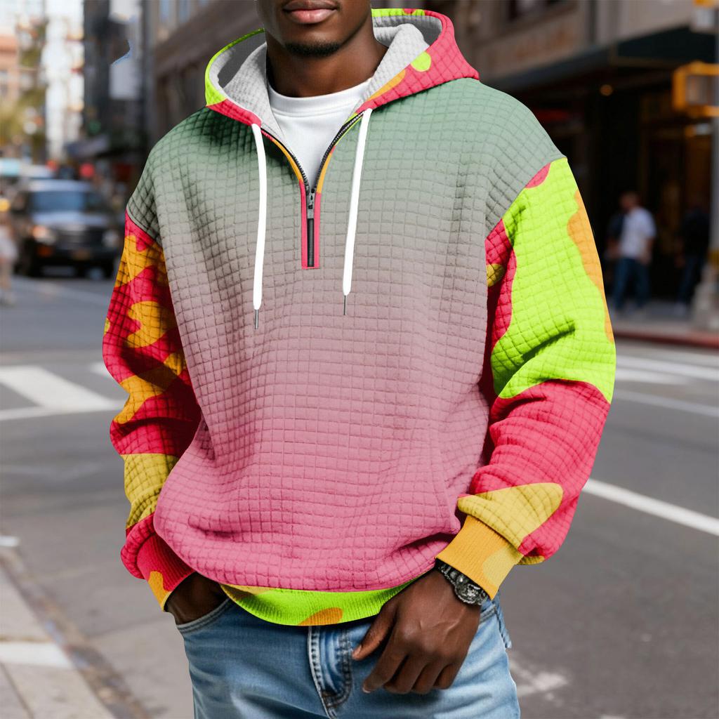 Мужской худи-пуловер в клетку с капюшоном на молнии до середины, со шнурком и принтом, повседневная спортивная толстовка