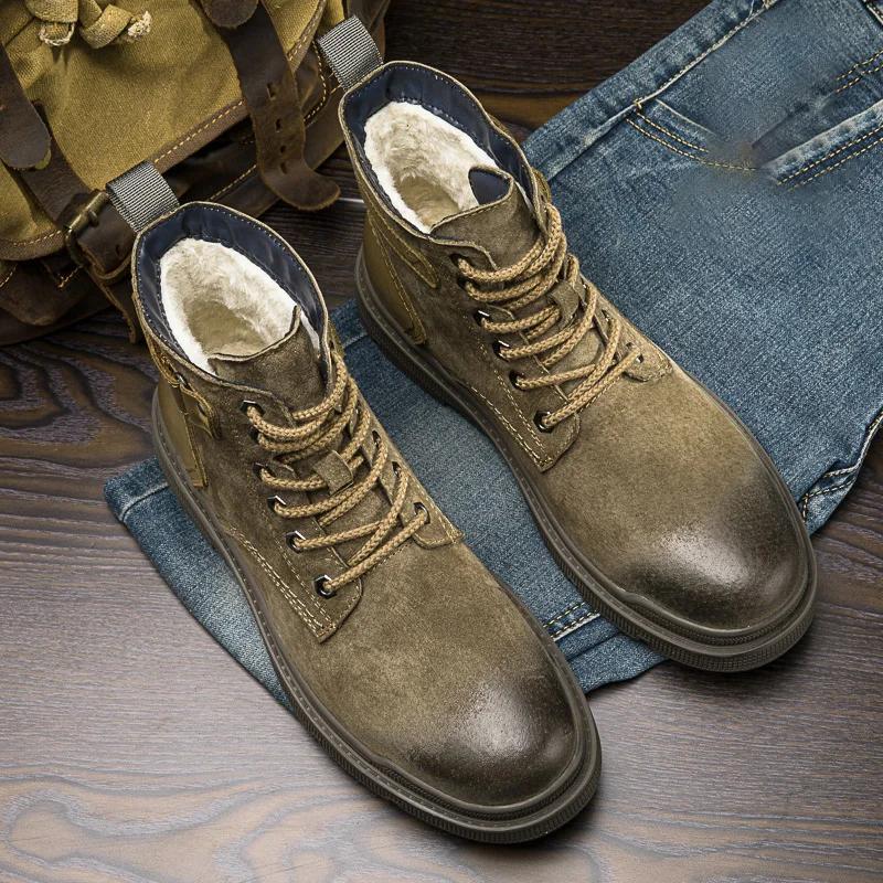 Модные мужские высококачественные рабочие ботинки, брендовые ковбойские сапоги с толстой подошвой, высокие нескользящие теплые повседневные ботинки, кожаные ботинки со шнуровкой и круглым носком