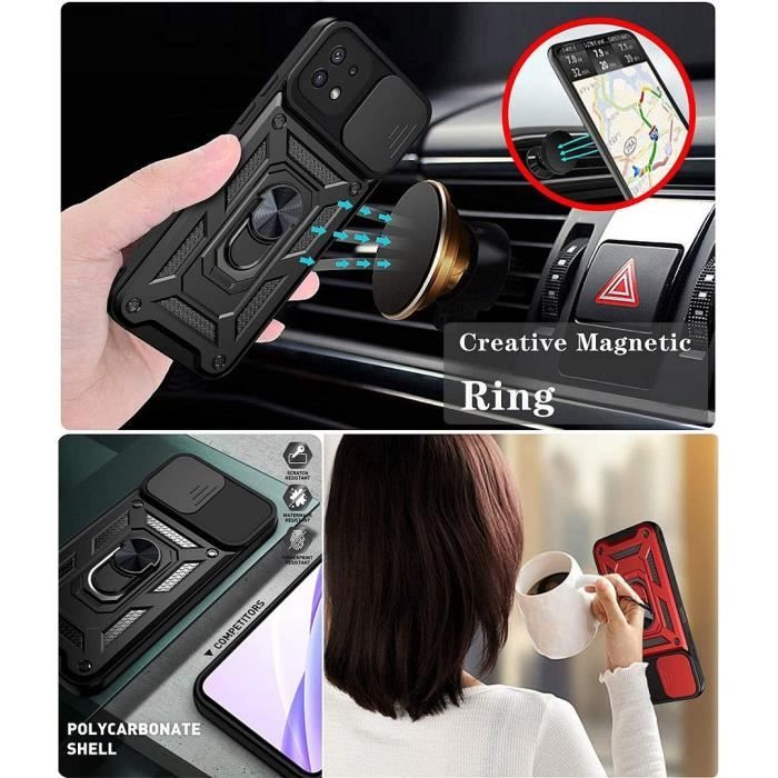 Coque de Protection - BOOLING - pour Samsung Galaxy A22 5G - Rigide Mat Noir - Cache caméra - Bague Support Vidéo