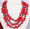Fashion 3 Strands Red Nature Coral Black Agate Necklace