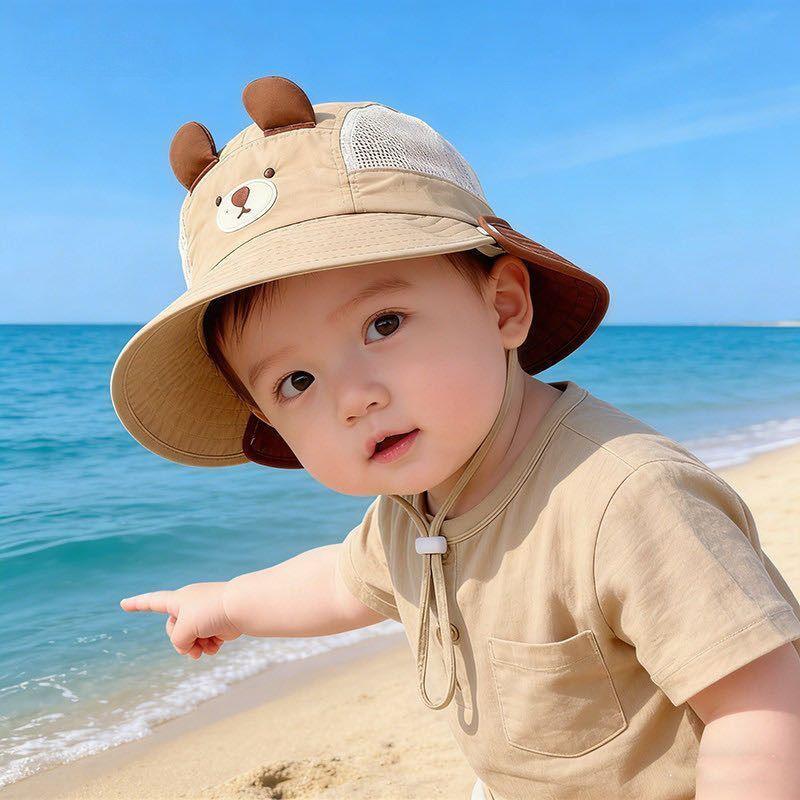 Baby Summer Breathable Mesh Bucket Hat With Removable Neck Flap Large Brim Sun Protection Cute Bear Design For Boys And Girls
